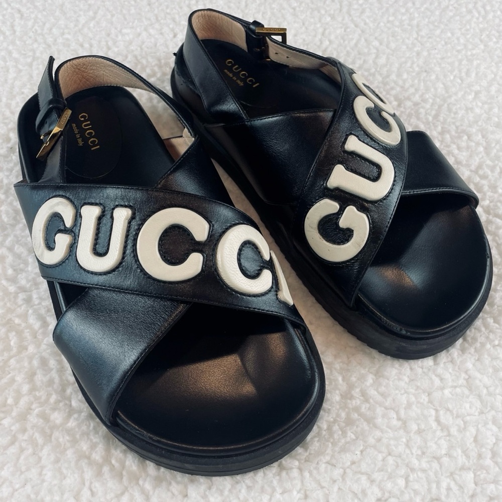 GUCCI • Black Ornella Logo Appliqué Crossover Leather Slingback Sandals, 8.5 - Picture 8 of 16